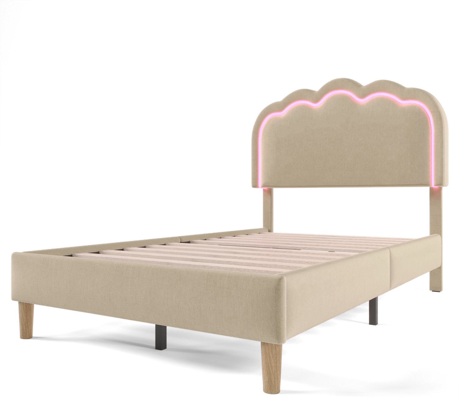 MUVANO Gestoffeerd eenpersoonsbed 90x200 cm - Lattenbodem - Ledverlichting - Verstelbaar hoofdbord - Linnen bekleding - Slaapkamer en logeerkamer - Beige