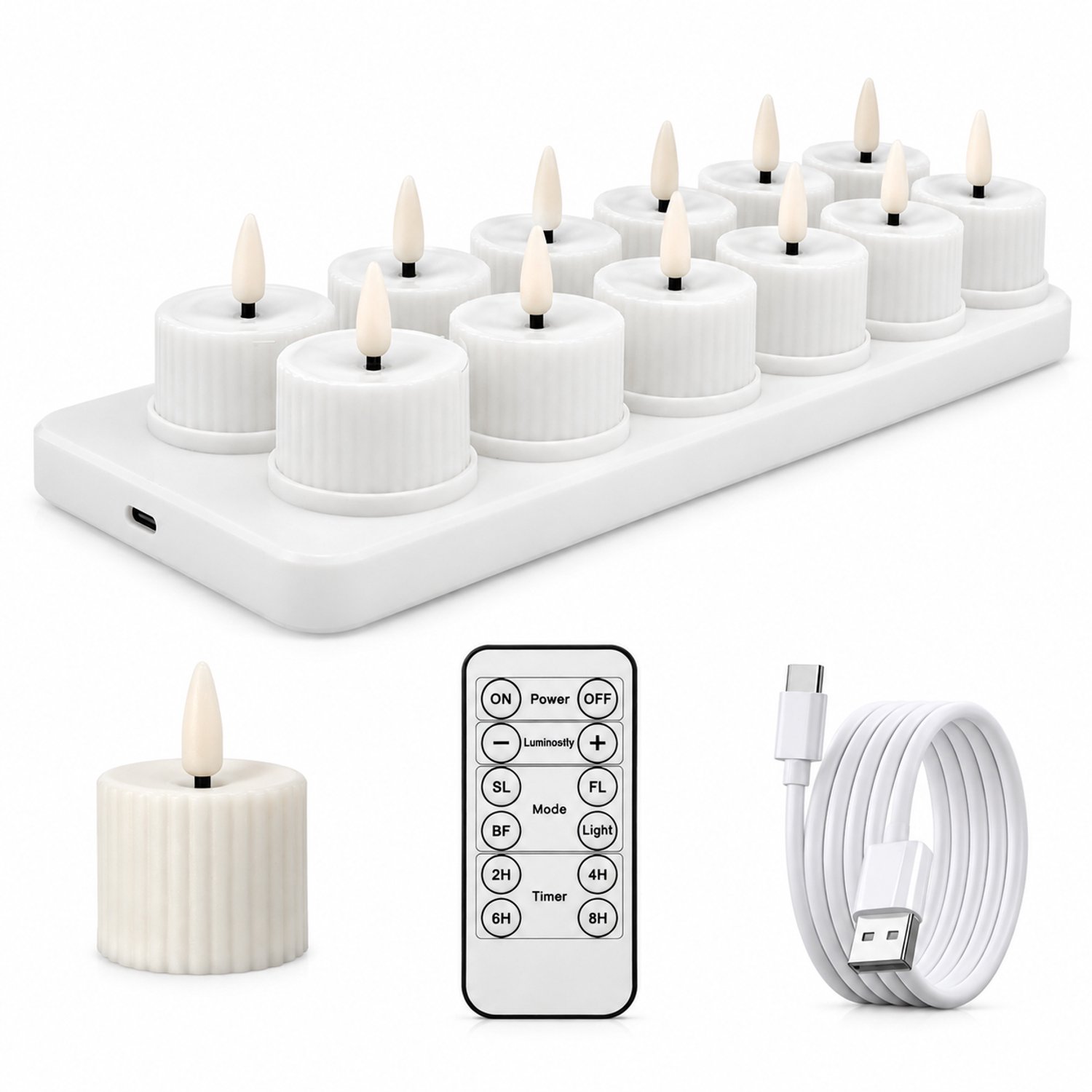 SWGOTA led kaarsen, set van 12 witte geribbelde theelichtjes met warm licht, oplaadbaar via USB-C, inclusief 2×6-basis, afstandsbediening en laadkabel