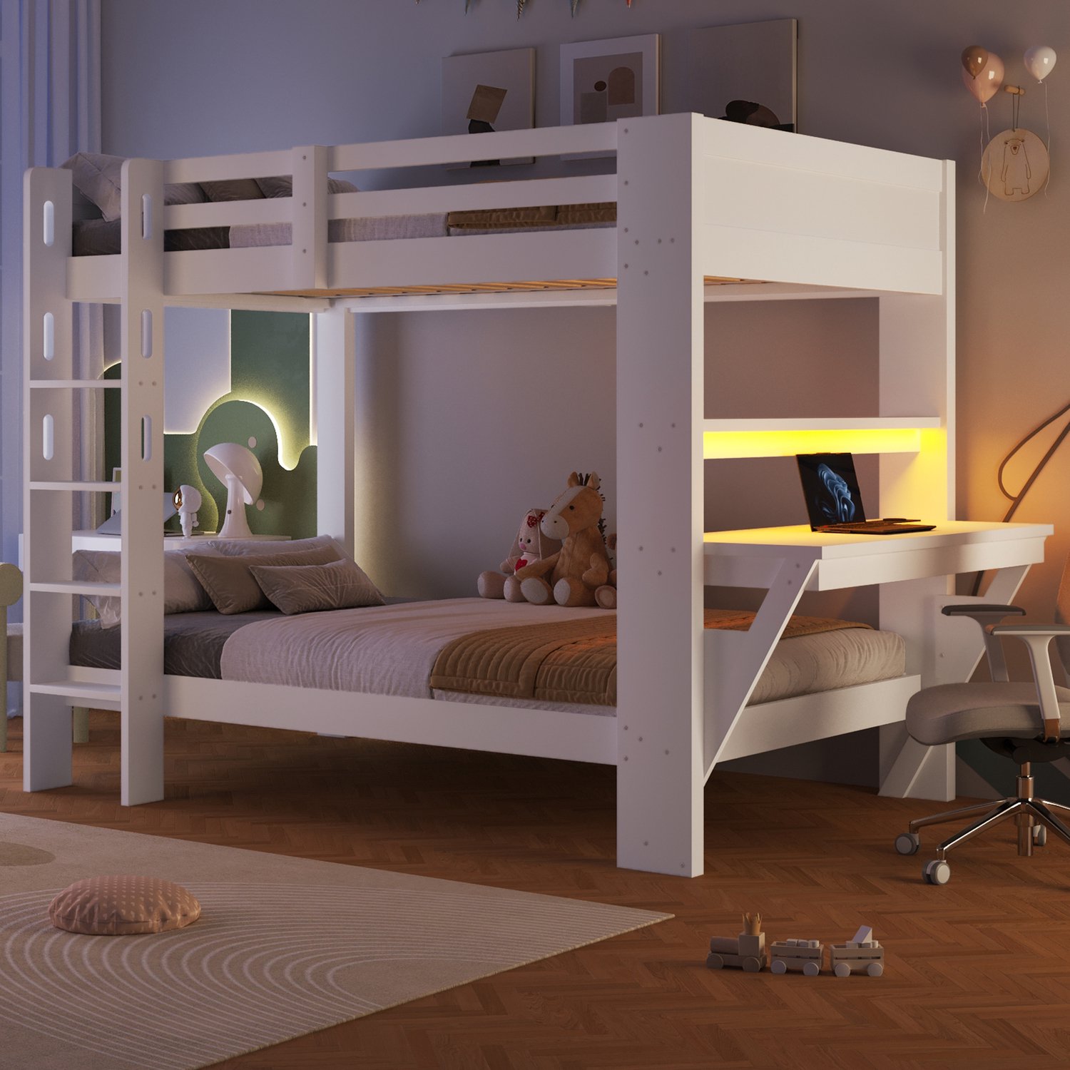 Zubaliya Stapelbed, 90 x 200 cm, grenenhout, tafel, stopcontact, LED - lichtbalk, zonder matras, wit