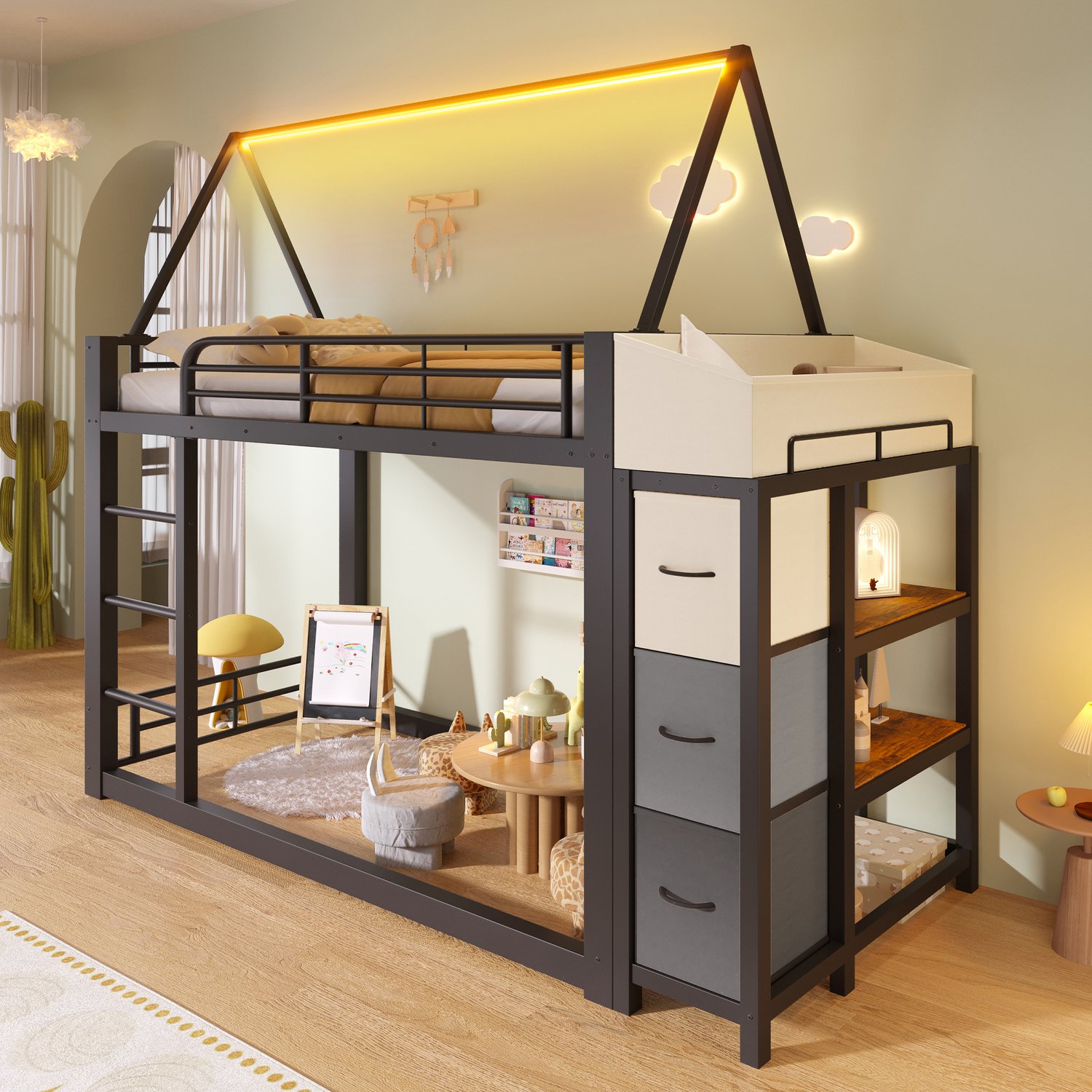 Zubaliya Stapelbed, 90 x 200 cm, Metaal, Rek, Stoffen lades, LED-lichtstrip, Zonder matras, Zwart