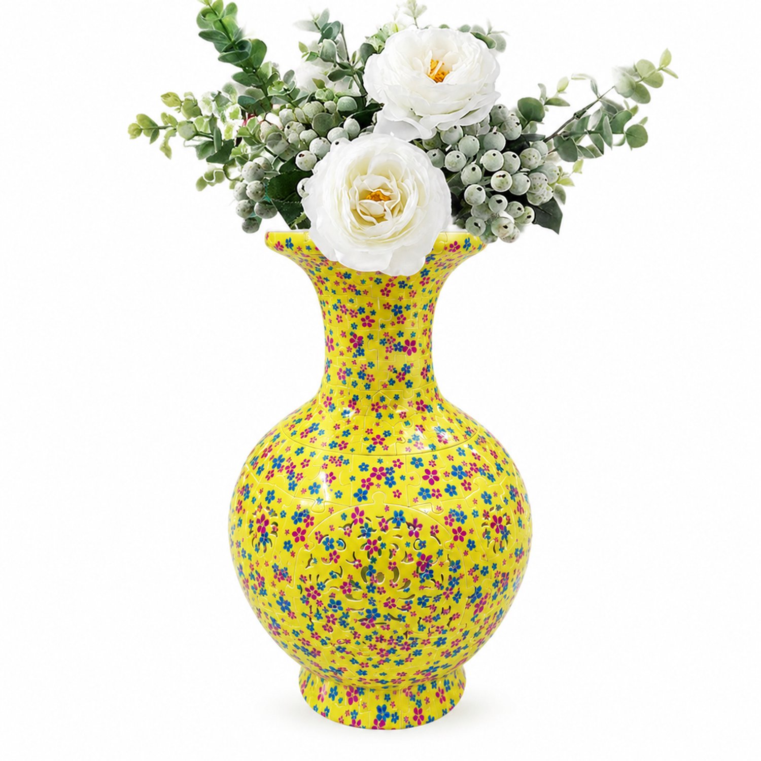 SWGOTA 3D-puzzelvaas met 200 stukjes per doos - Geel bloemenmotief, bolvormige buik, smalle hals en voet - Voor droogbloemen en woondecoratie