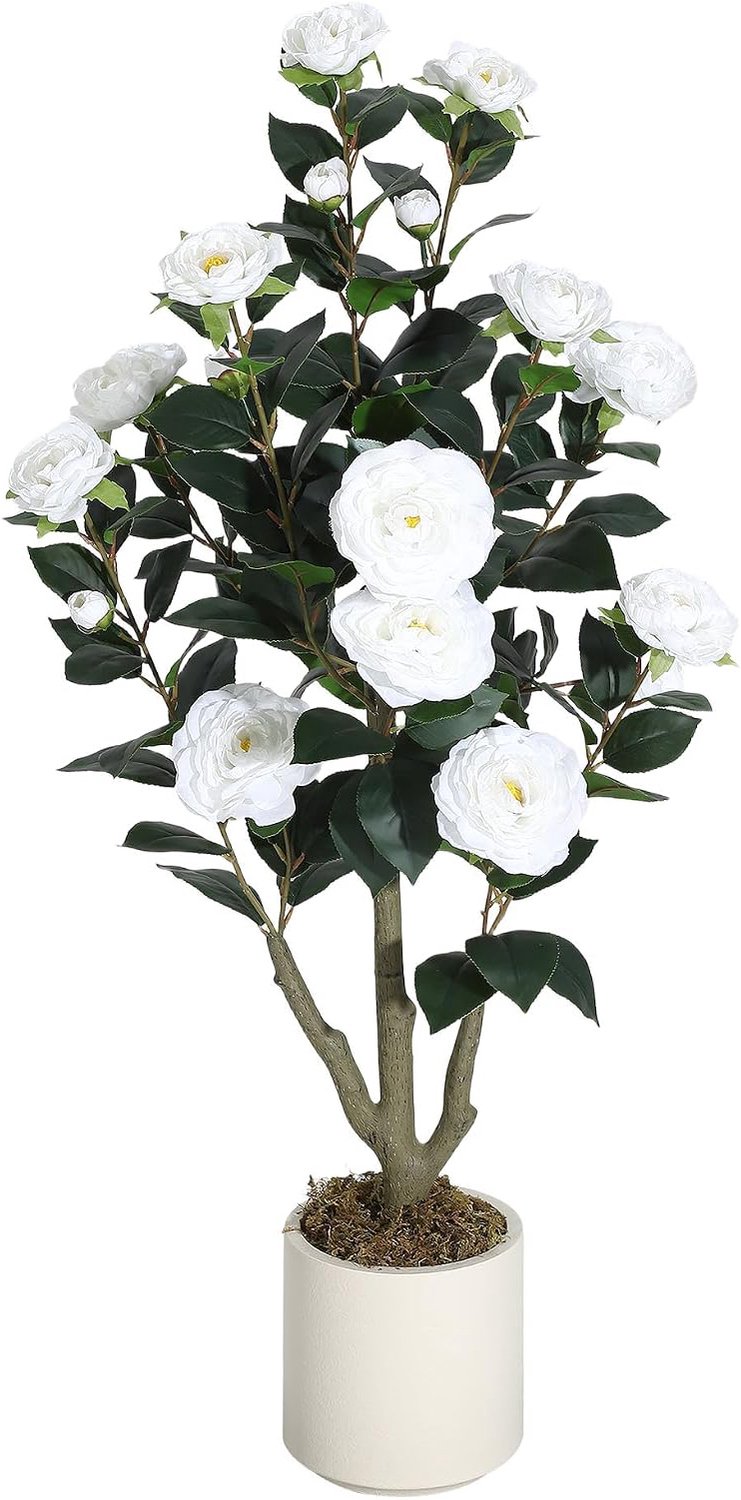 Triumpunpre Kunstcamelia 90 cm Wit, Bloeiende Kunstplant op Stam voor Woonkamer en Kantoor