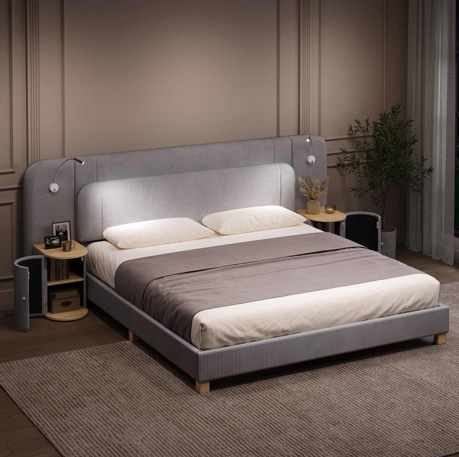STILVORA Gestoffeerd Tweepersoonsbed 180x200 cm – Ribfluweel – Ledlampen aan Beide Zijden – Nachtkastjes met Twee Legplanken – Grijs