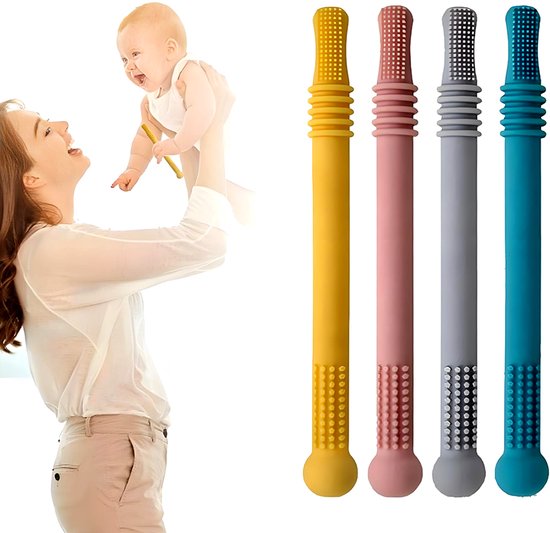 Bijtstokjes - Babybijtstokjes - Holle siliconen bijtbuisjes - Babyspeelgoed - Babybijtringen met zuignapjes - Haarloze tandenborstels - Kraamcadeaus - 16*1,5 cm - 4-pack — afbeelding 2