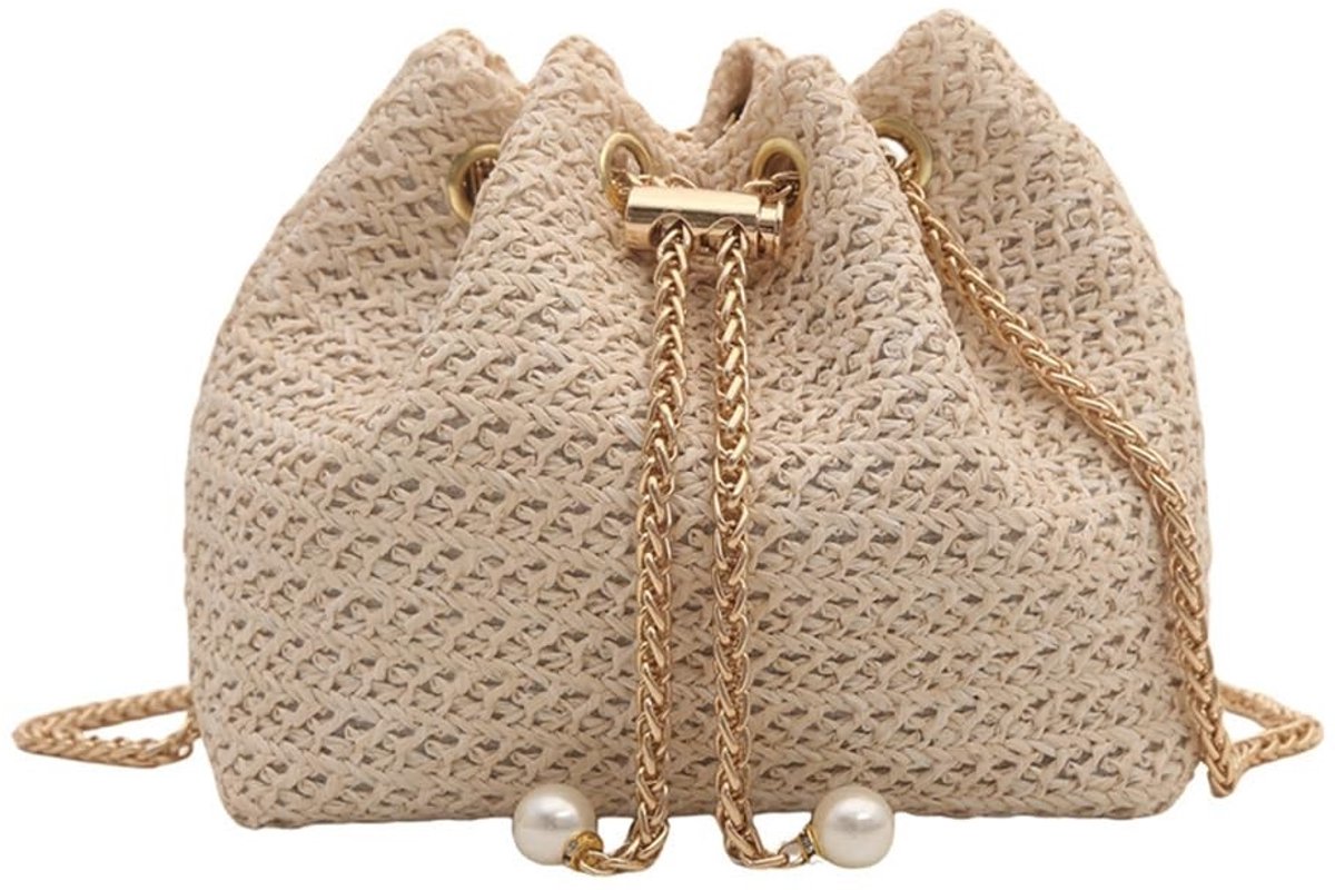 Elzusha - Schoudertas van stro - Handgeweven met trekkoord - Beige