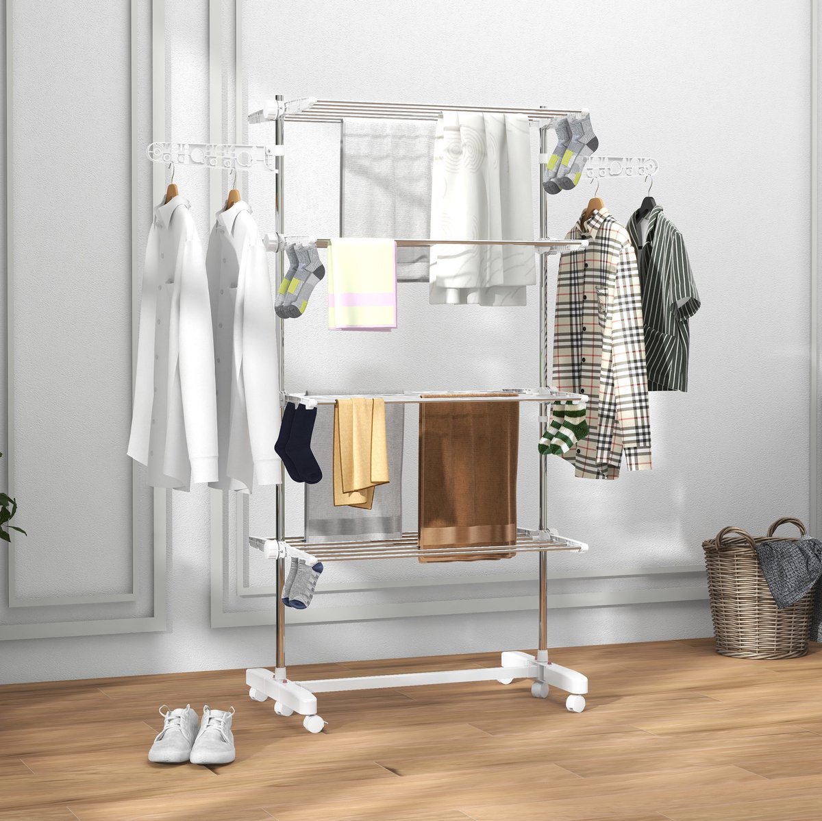 Modenuit Droogtoren – 142 x 55 x 172 cm – Opvouwbaar met 6 Wielen – Staal en Kunststof – Wit met Remmen