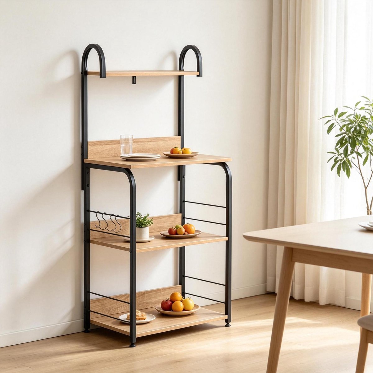 Keukenrek – 60 x 40 x 125 cm – Staal en Spaanplaat – Zwart en Natuurlijk Houteffect – Met 4 Haken