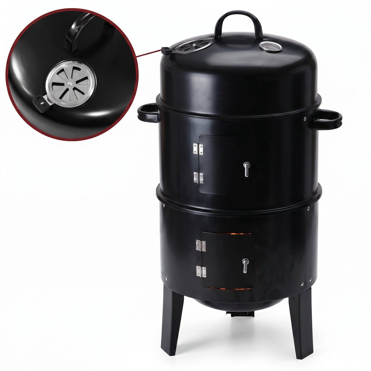 Cheqo® Houtskoolbarbecue Smoker - Rookoven - Barbecue Smoker - Rookton - Verticale Barbecue - 3 in 1 Barbecue - Houtskool Grill - Barbecue Roker - Rookgrill - Smokerbarbecue - Rookkast - Tuin Barbecue met Thermometer - BBQ voor Buiten - Zwart
