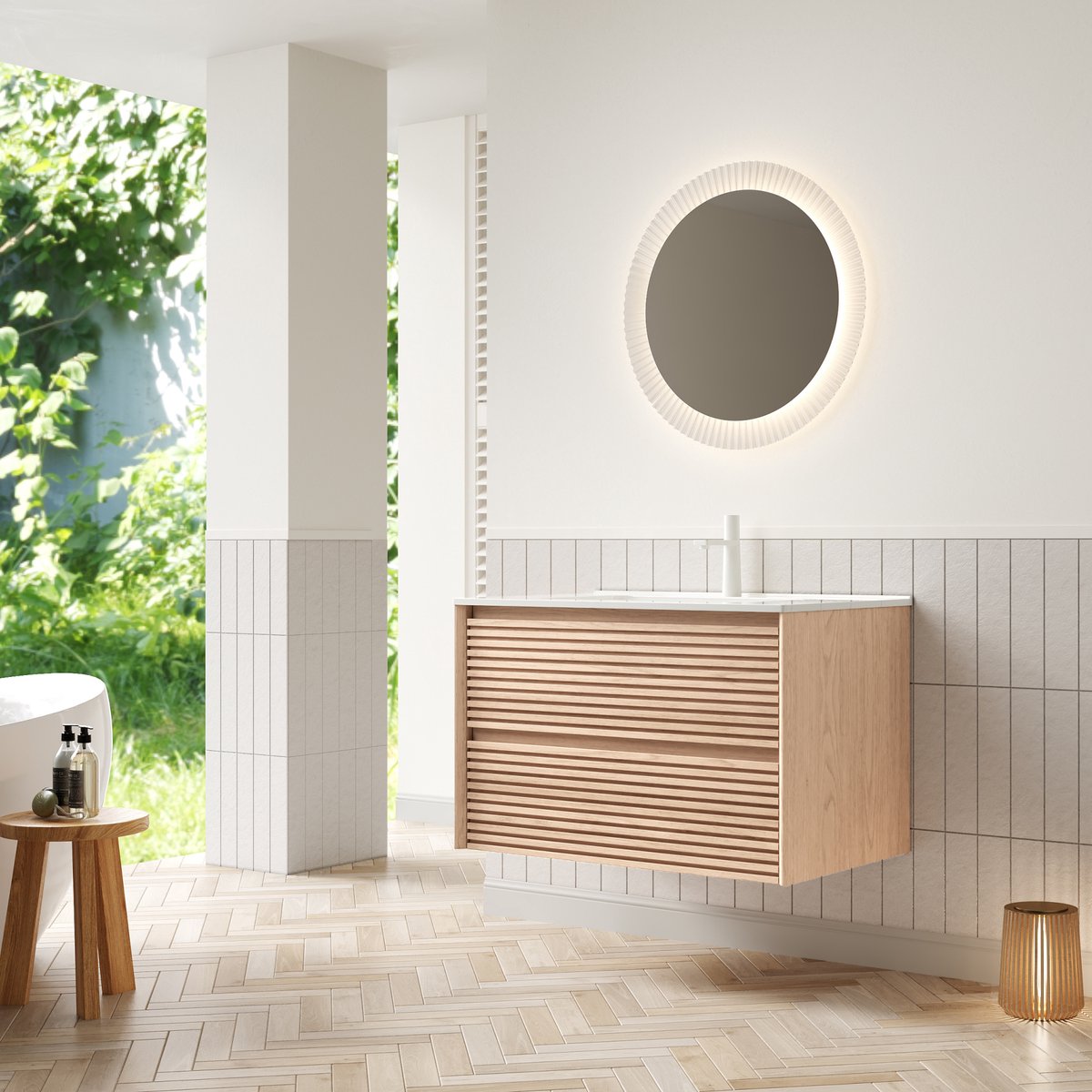 DESMIU Badkamermeubel - Wandmontage Met Keramische Wastafel - Twee Zacht Sluitende Lades - Multiplex - 81 X 46,5 X 51,5 Cm - Naturel Wit