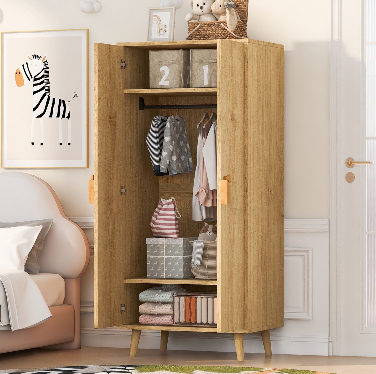 REDOM - Kledingkast - Dubbele deuren - Hanggedeelte en legplanken - Cartoon handgrepen - Verhoogde poten - MDF - Houtkleur - 70 x 55 x 170 cm