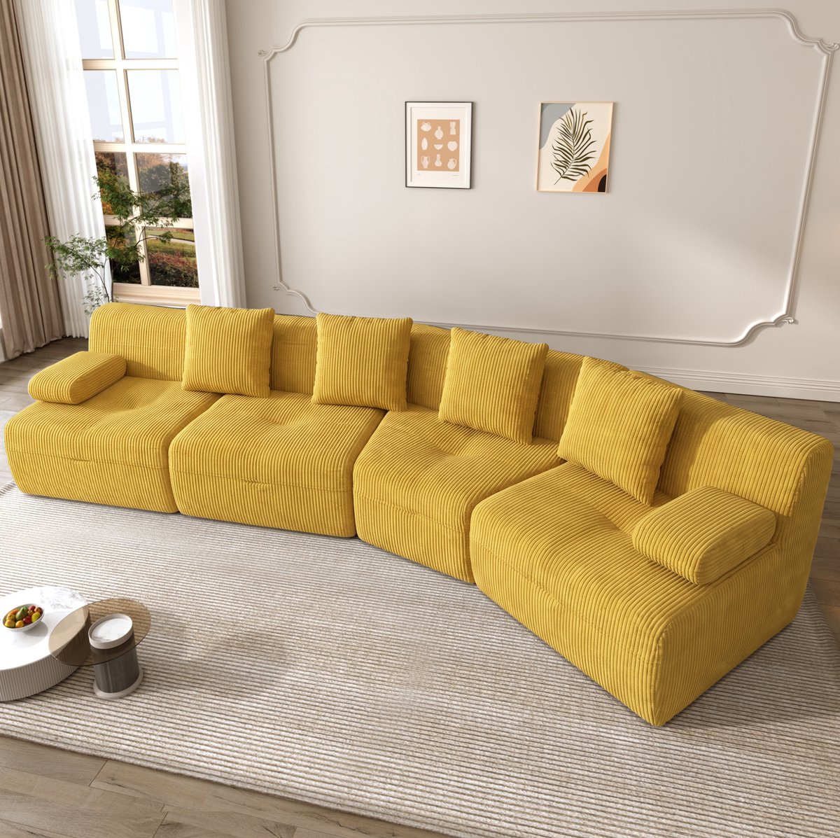 REDOM - Modulaire 4-zitsbank - Vier afzonderlijke zitmodules - Vrij combineerbaar - Corduroy bekleding - Moderne minimalistische stijl - Geel - 311 x 90 x 65 cm