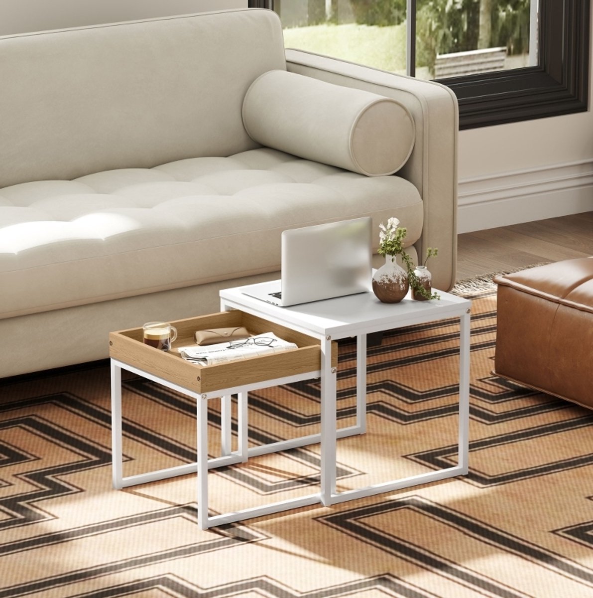 MIVRAY Salontafel - Tweedelige Vierkante Nesttafel voor Kleine Ruimtes - MDF en Staal - Wit met Houtlook - 45x45x45 Cm
