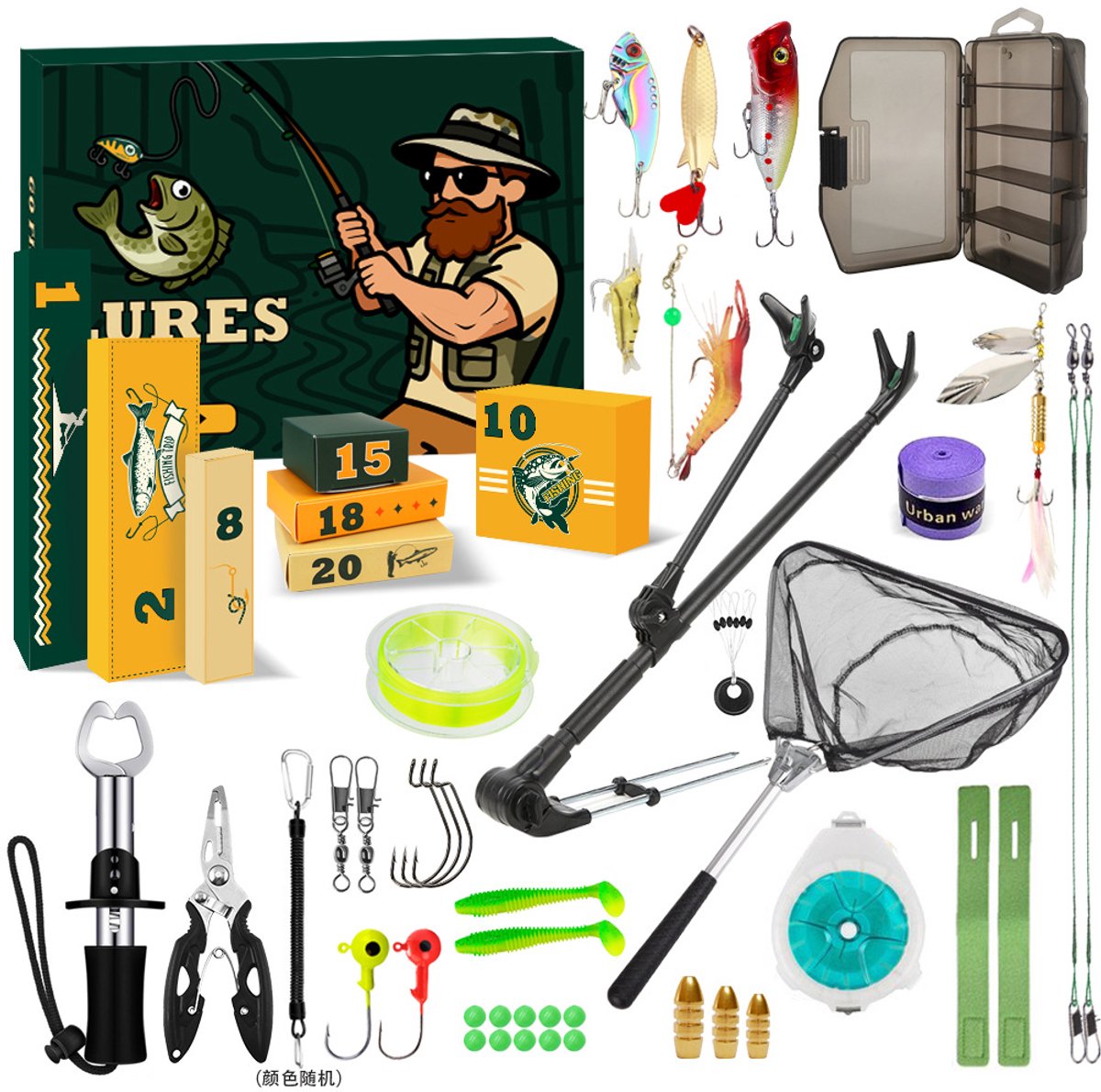 Vissen adventskalender 2026- 24‑delige complete vistool‑ en kunstaas set- met gereedschappen en accessoires- kerst‑ en feestcadeau voor vissers