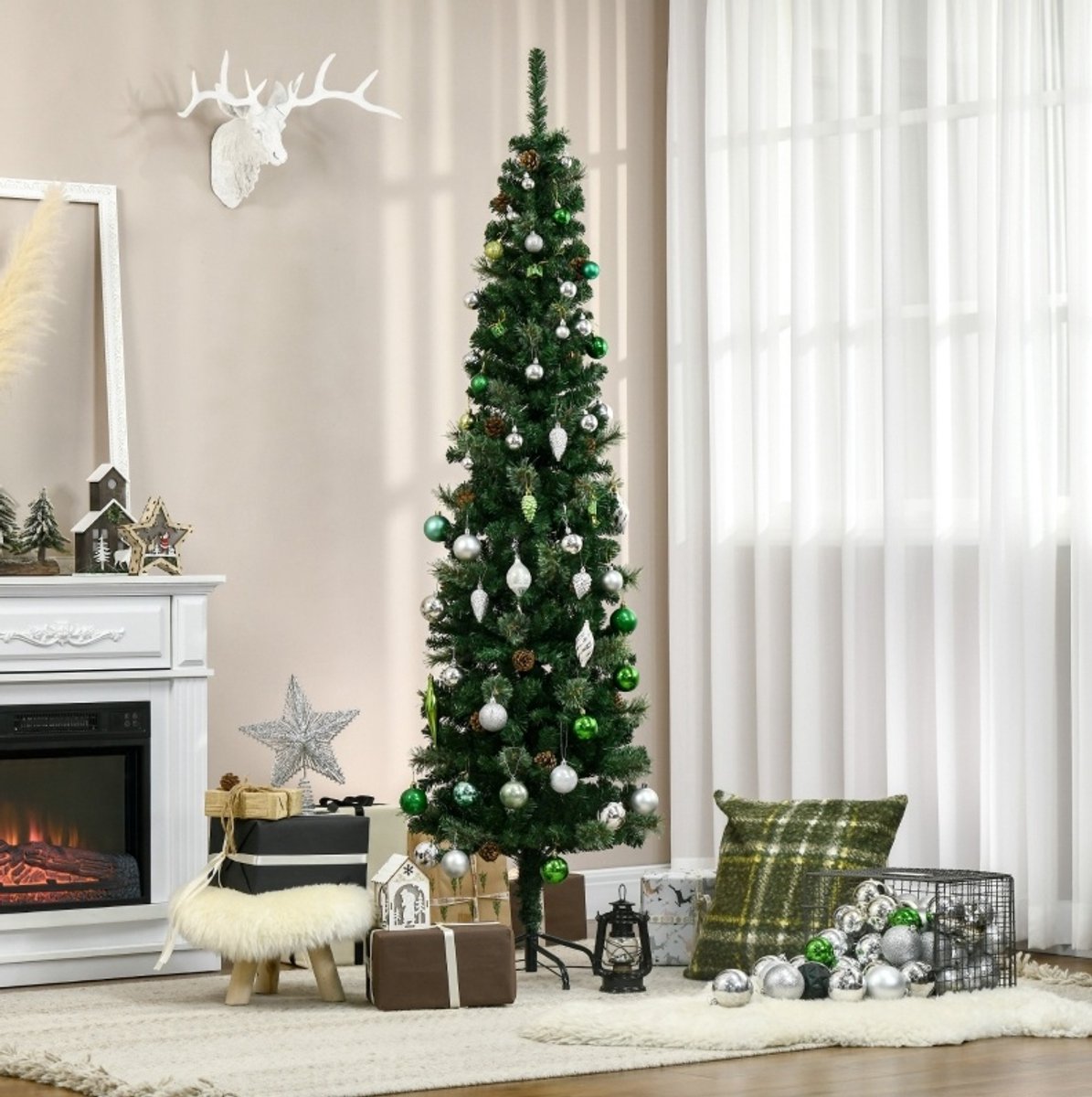 Kunstkerstboom Brandvertragend – FloraGrace – Ø54 Cm x 195 Cm – Kunststof – Groen – Smalle Kerstdecoratie Voor Woonkamer en Hoekjes
