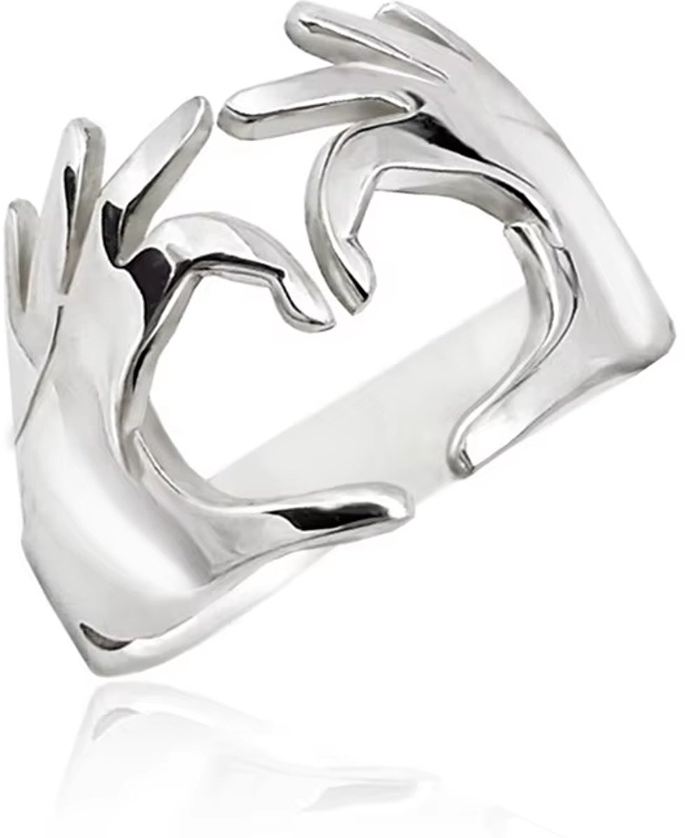 Ringen voor Koppels met Hart & Omhelzende Handen – Modieuze Verstelbare Open Ring voor Dames & Heren, Liefdesring met Symbolisch Ontwerp, Trendy Accessoire voor Partners, Geliefden & Cadeau - Zilver