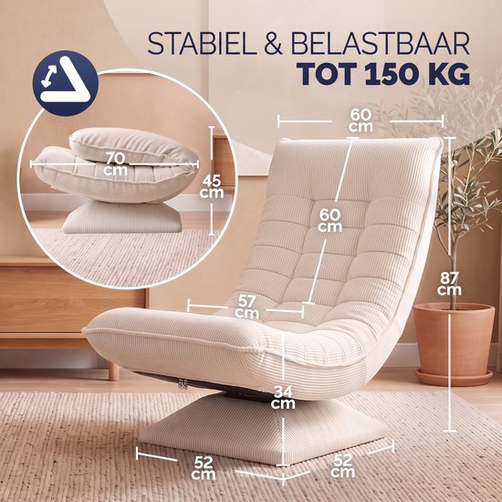 Afmetingen van de lichtbeige corduroy fauteuil met draaibare voet, inclusief kussens en omringende meubels. Maximaal belastbaar tot 150 kg.