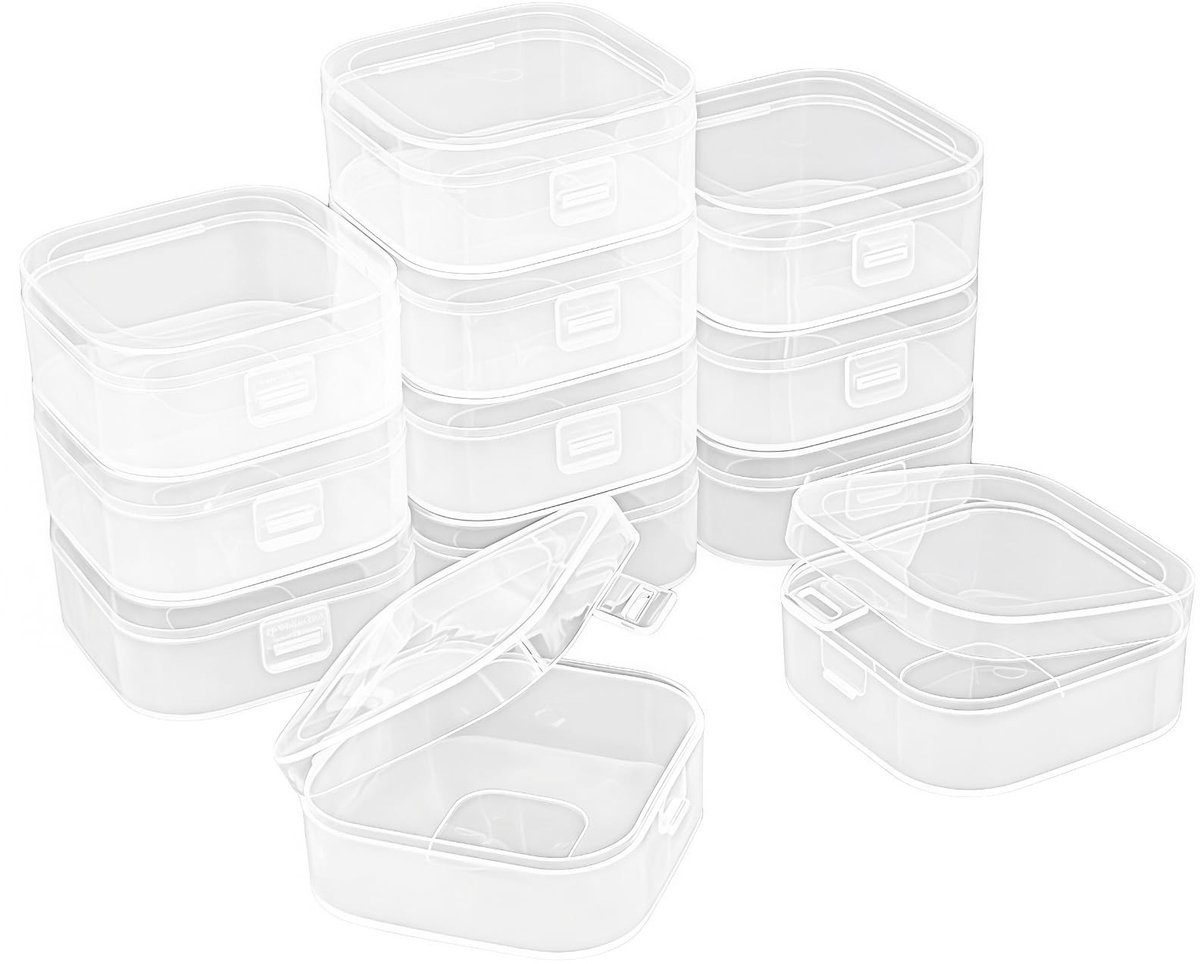 Elzusha - 12 Stuks Vierkante Transparante Plastic Opbergdozen - Met Scharnierdeksel