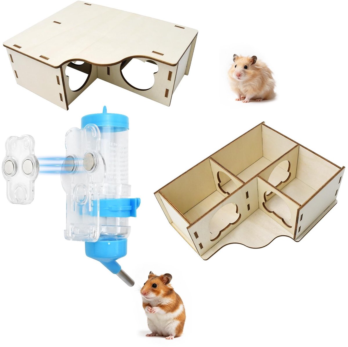 Elzusha - Hamsterhuis met 3 kamers en 125 ml waterfles - Blauw