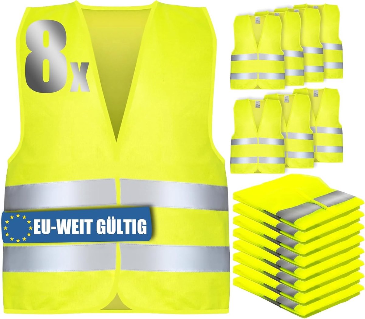 Veiligheidsvesten voor in de auto, set van 8 stuks, reflecterend en ademend, ideaal voor noodgevallen