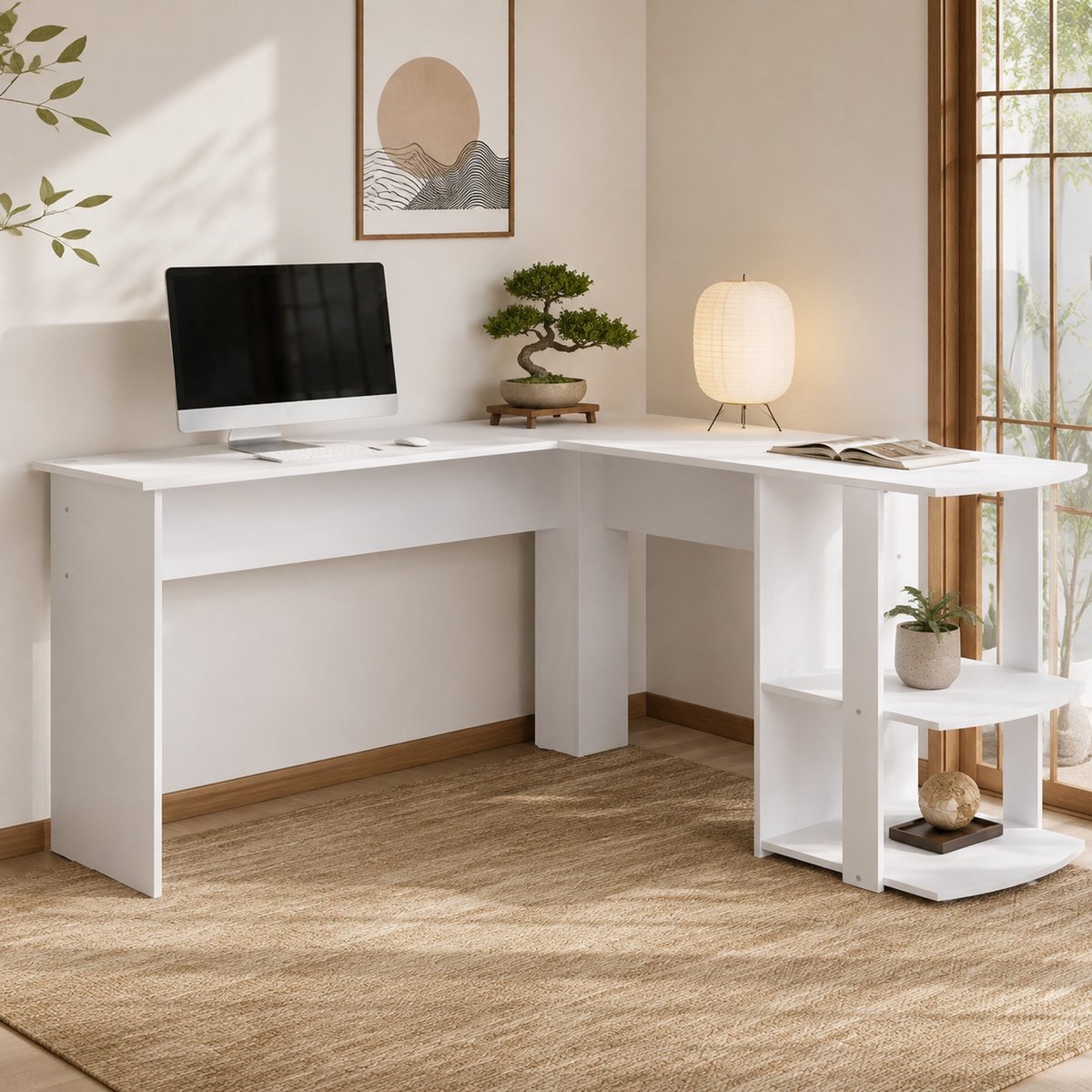 DESMIU Hoekbureau - L-Vorm Met Tweelaags Open Opbergvak Rechts - Voor Thuiswerkplek En Kantoor - Spaanplaat - 140x140x75 Cm - Wit