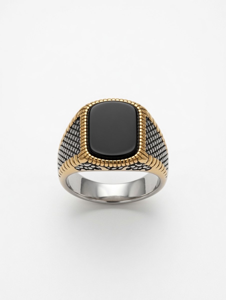 17mm Zwarte Onyx Zegelring - Goud & Zilver Stijl - Natuurlijke Steen - RVS - 316L - Unisex - Waterproof