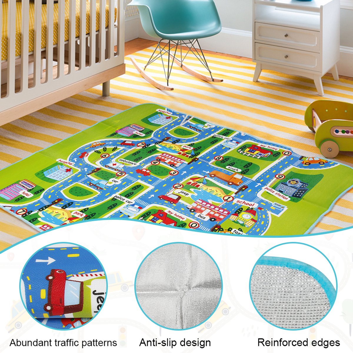 PIPIPOXER Speelmat - Babygym - Speelkleed Baby - Inclusief Speelmat & Zachte Kruipmat met Levendige Auto & Stad Print - Baby - Opvouwbaar - Babyshower -Groen thumbnail 6