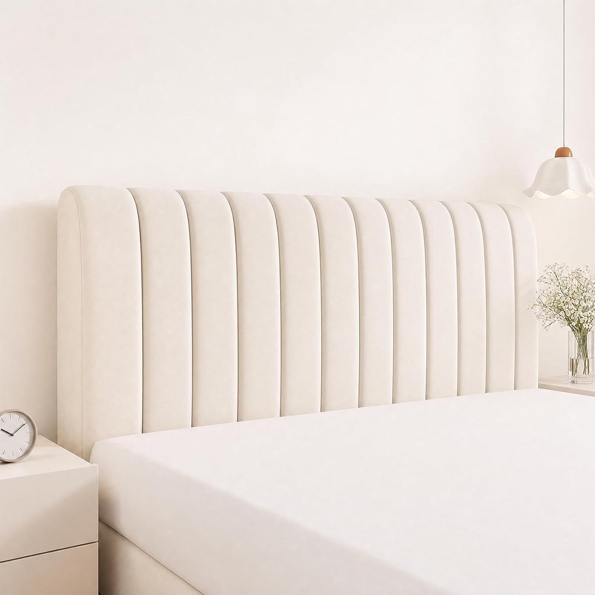 Hoofdbordhoes, verticale strepen, stofdicht, rekbaar, zachte verdikte fluwelen stof, all-inclusive hoofdeinde voor slaapkamer, 200 x 70 cm, beige