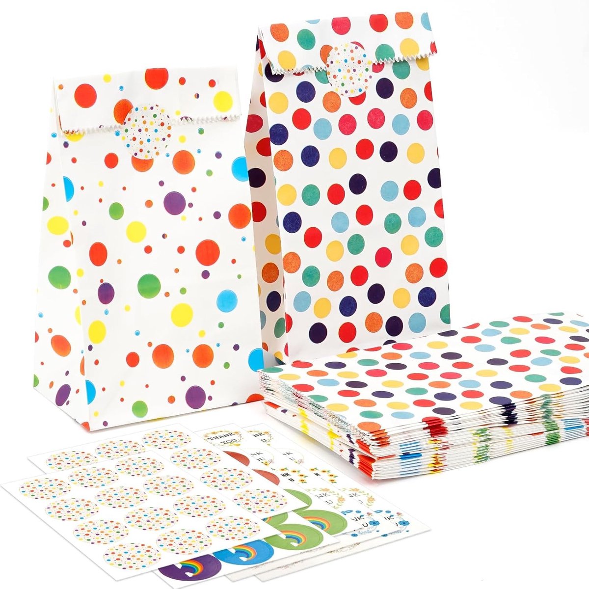 Set van 50 kleurrijke cadeauzakjes voor kinderen met 78 stickers - ideale papieren tasjes voor verjaardagsfeesten en bruiloften