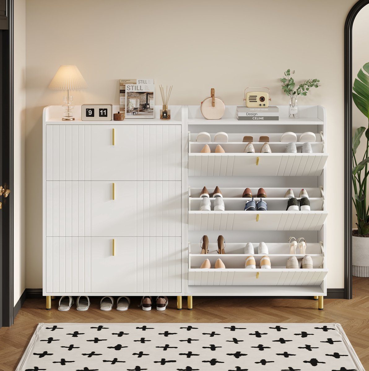 MEUNIQ Set van 2 staande schoenenkasten 80 x 23 x 123,5 cm met elk 3 kleppen, verstelbare planken en anti-kantelvoorziening voor hal, wit