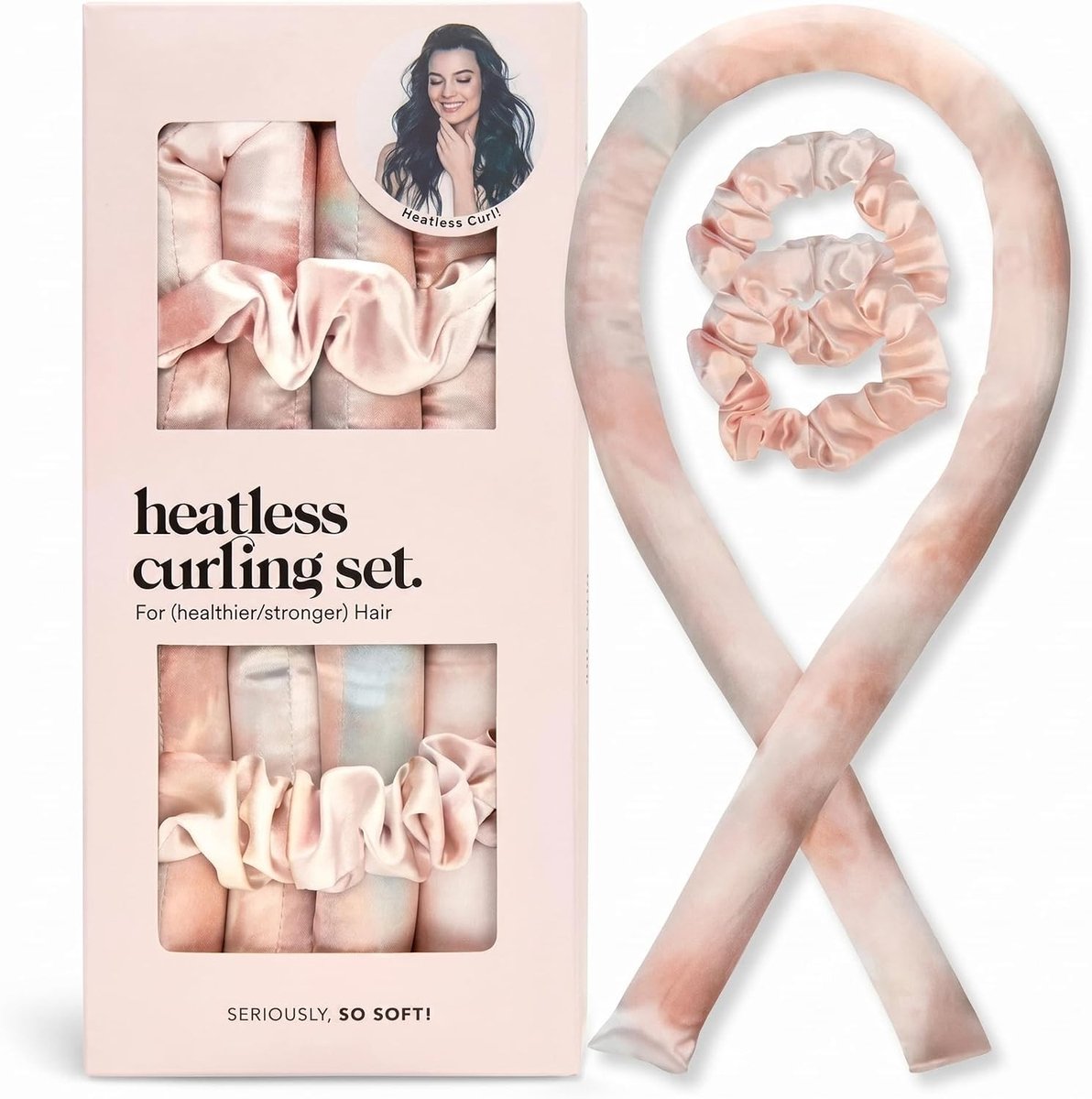Set van Roze Satijnen Krulspelden - Warmtevrije Krullen voor 's Nachts met 86 cm Haarkruller en 2 Satijnen Scrunchies - Comfortabele Haarstylers voor een Gezonde, Beschadigingsvrije Look