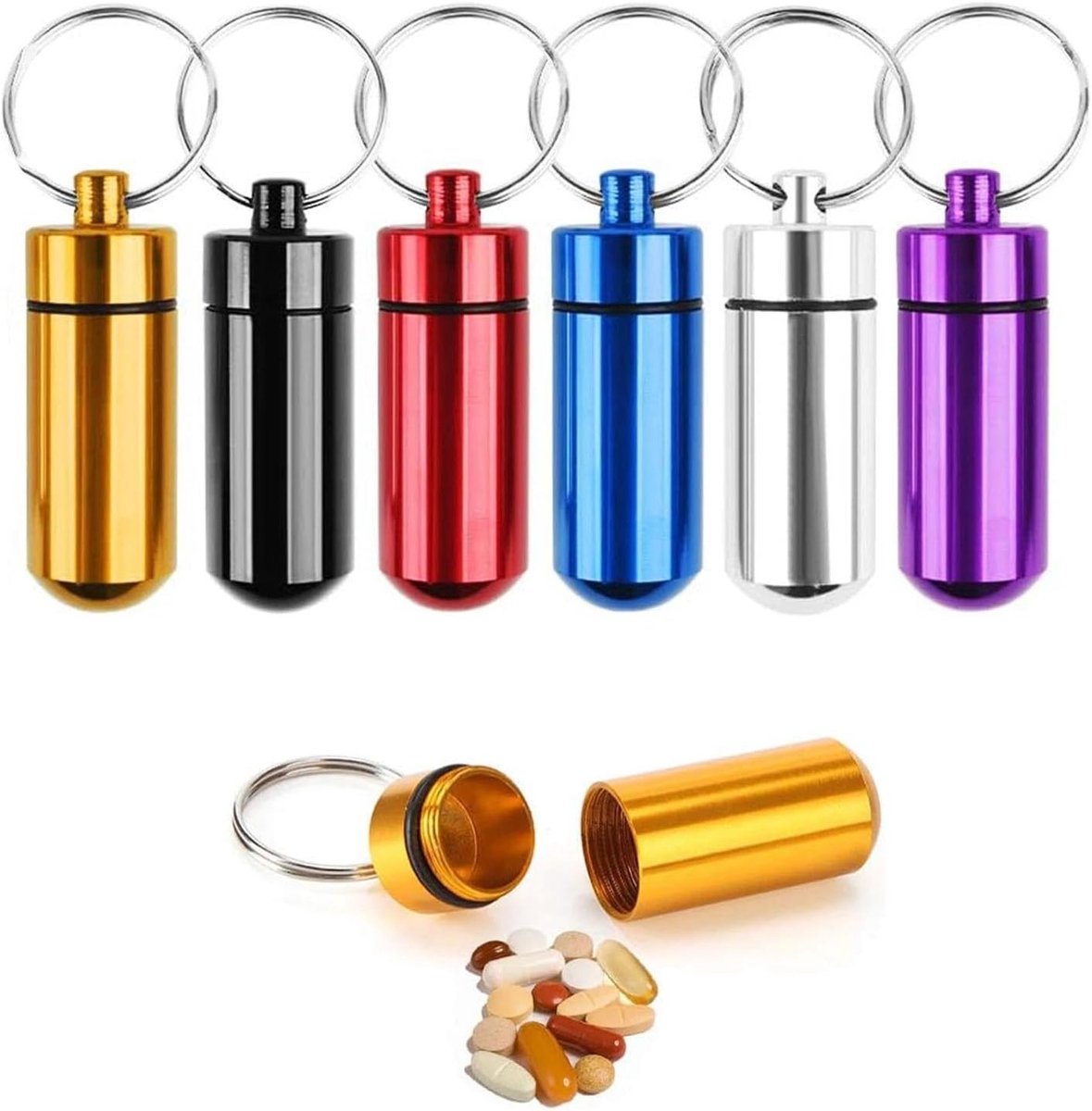Waterdichte Aluminium Pil Dozen - 6 Stuks Kleurrijke Containers voor Noodgeld en Medicijnen, Ideaal voor Outdoor Reizen en Camping