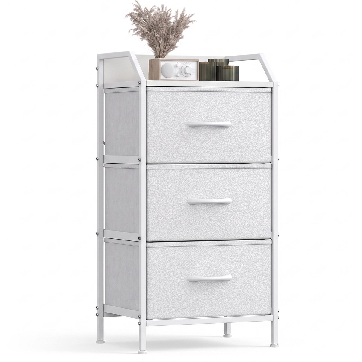 Hoog nachtkastje wit - 3 stoffen lades met leerlookfronten - MDF-blad met opstaande rand - Verstelbare voeten - Voor slaapkamer - 40 x 30 x 78 cm