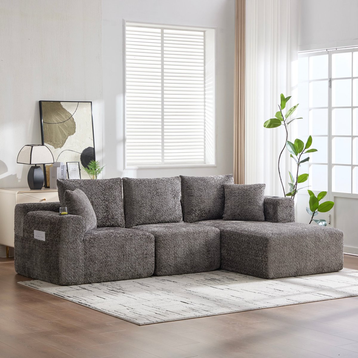 Merax Modulaire 3-Zits Hoekbank Met Chaise Longue - Diepe Zit - Bekerhouders - Donkergrijs