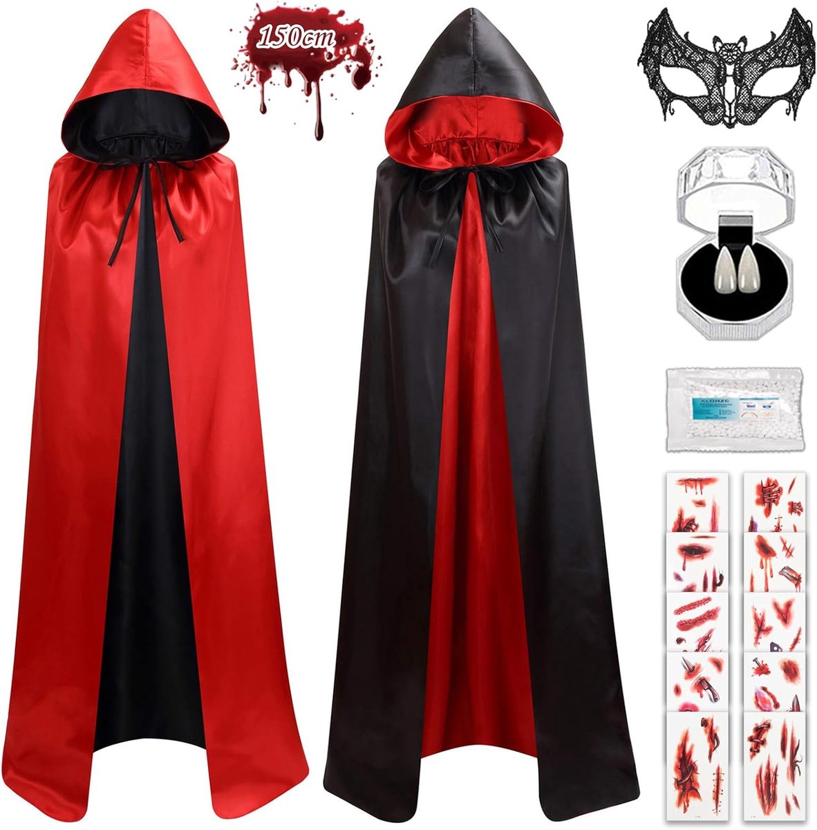 Vampiercape voor volwassenen, 150 cm, uniseks, Halloween, vampierkostuum, vampiermantel met capuchon, omkeerbaar, zwart-rood, mantel voor Halloween, carnaval, gemaskerd feest