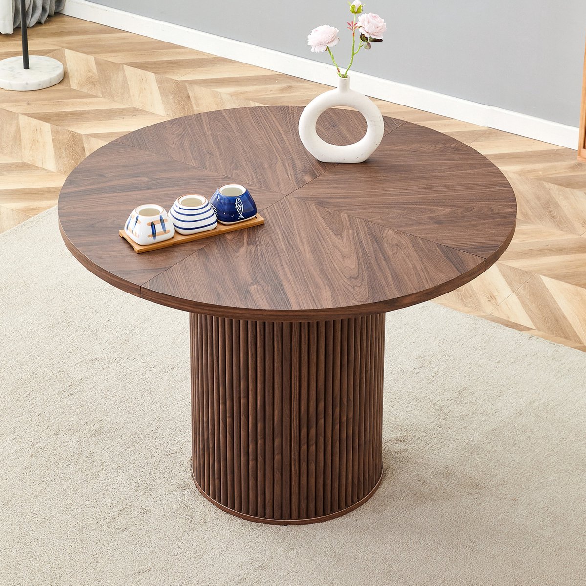 STILVORA Ronde Eettafel - Walnootkleurige MDF Tafel Met Zuilvoet En Metalen Steun - Voor 4 tot 6 Personen - Diameter 100 cm - Hoogte 76 cm