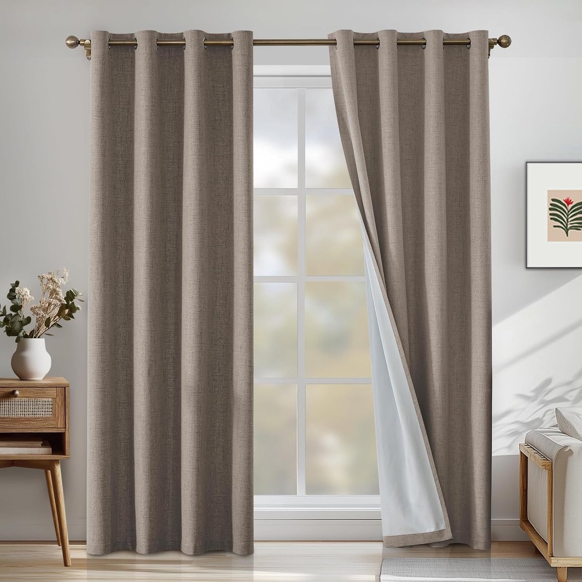 100% Verduisterend Linnen Effect Gordijnen Set Van 2, 140x300cm, Ondoorzichtig Warmte-Isolerende Thermische Gordijnen Met Ringen, Geluidsbescherming, Voor Slaapkamer Woonkamer, Zwart