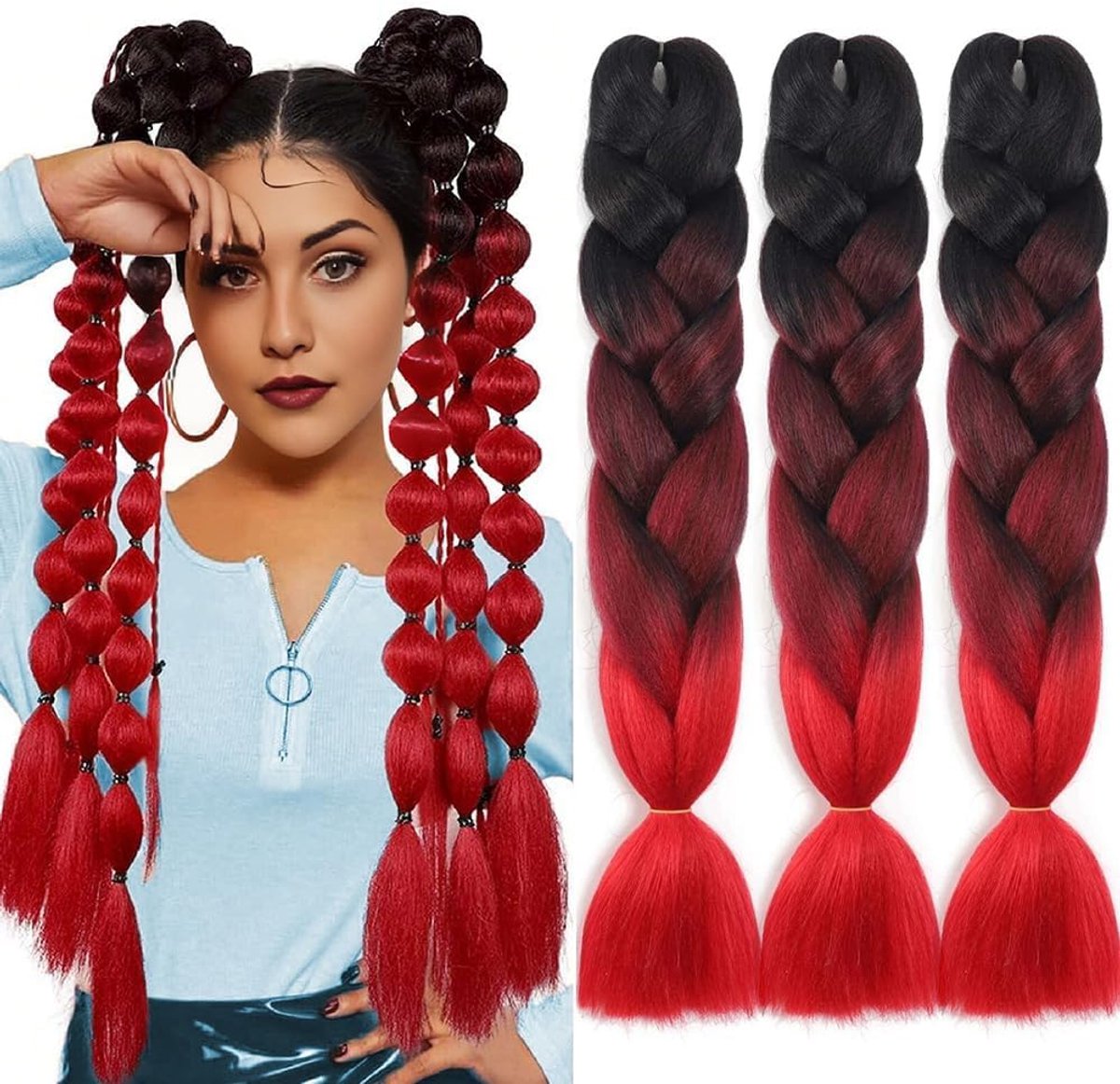 Braid kunsthaar om invlechten, vooruitgerekte vlechten, extensions zwart/rood haarverlenging 61 cm 3 stuks