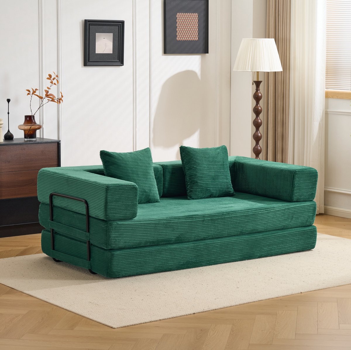 FloraGrace Slaapbank 2-Zits 185 x 92,5 x 60 cm - Opvouwbaar Van Bank Naar Bed - Voor Woonkamer En Slaapkamer - Corduroy - Donkergroen