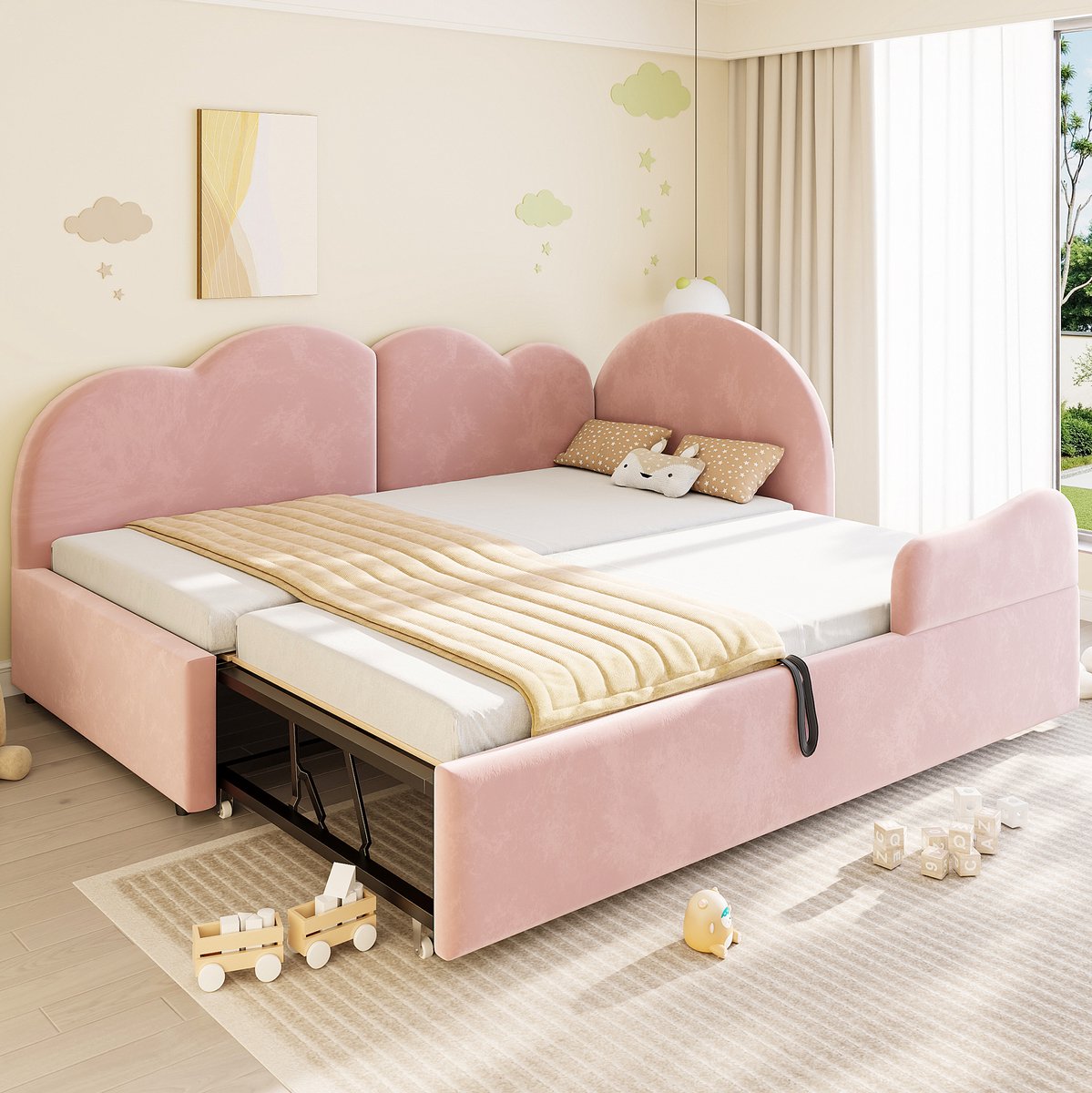 REDOM Slaapbank - Uittrekbaar onderbed - L-vormige constructie - Fluwelen bekleding - Wolkvormig hoofdbord - Kinderkamer - Roze - 205,5 x 188,5 x 88 cm