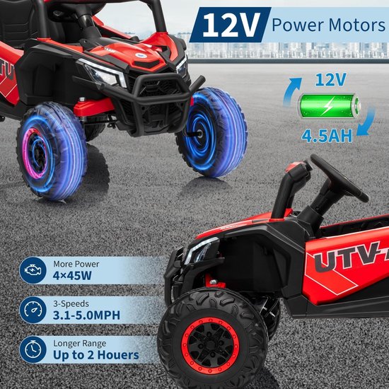 Rode en zwarte elektrische kinderquad met verlichte banden en specificaties van het vermogen en de snelheid.