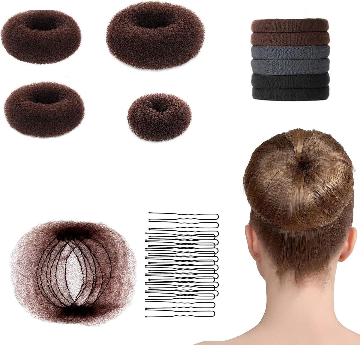 40-delige haarnetset met haarnet en donuts, haaraccessoires voor ballet en ritmische gymnastiek, inclusief onzichtbaar haarnet, haarspelden en elastiekjes, bruin