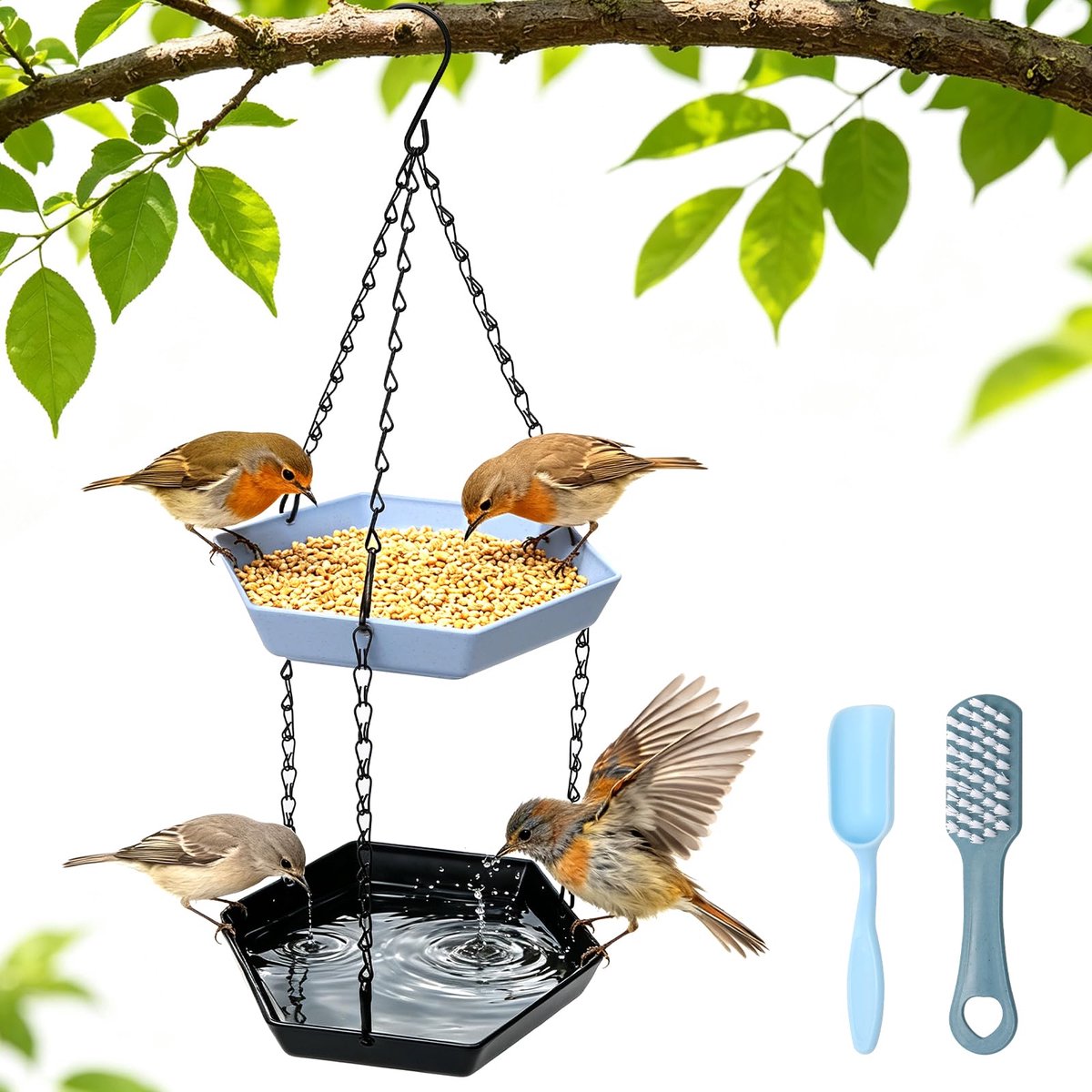 Vogelwaterbak en vogelvoederbak - Hangend - Voor balkon, tuin en boomstam - Ideaal voor vogels om te baden - ShopVlot