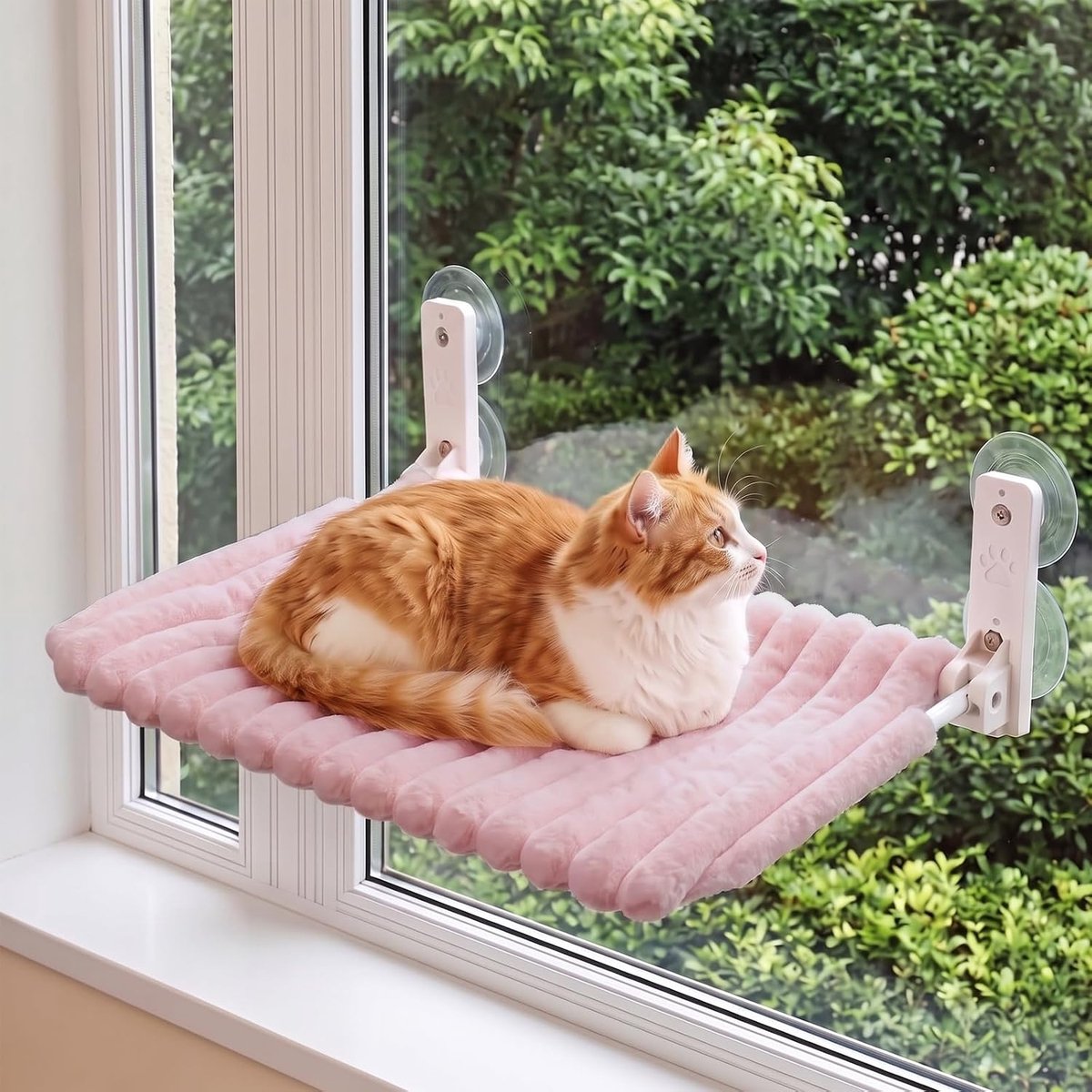 Raamligstoel met afneembare en omkeerbare hoes, hangmat voor ramen, zachte kattenraam, hangmat met 4 sterke zuignappen, stabiel tot 18 kg (roze)