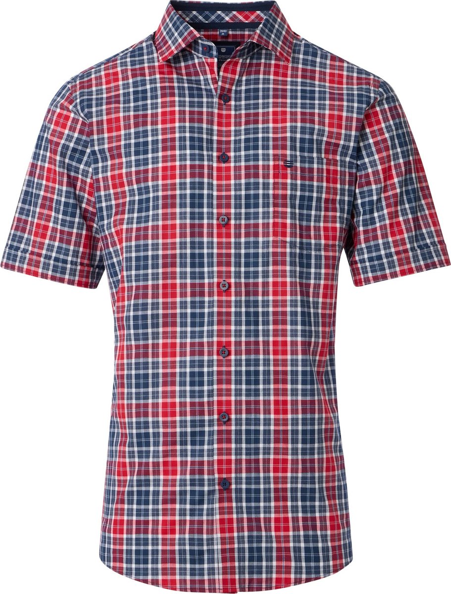 Redmond comfort fit overhemd - korte mouw - dobby - rood - donkerblauw - wit geruit