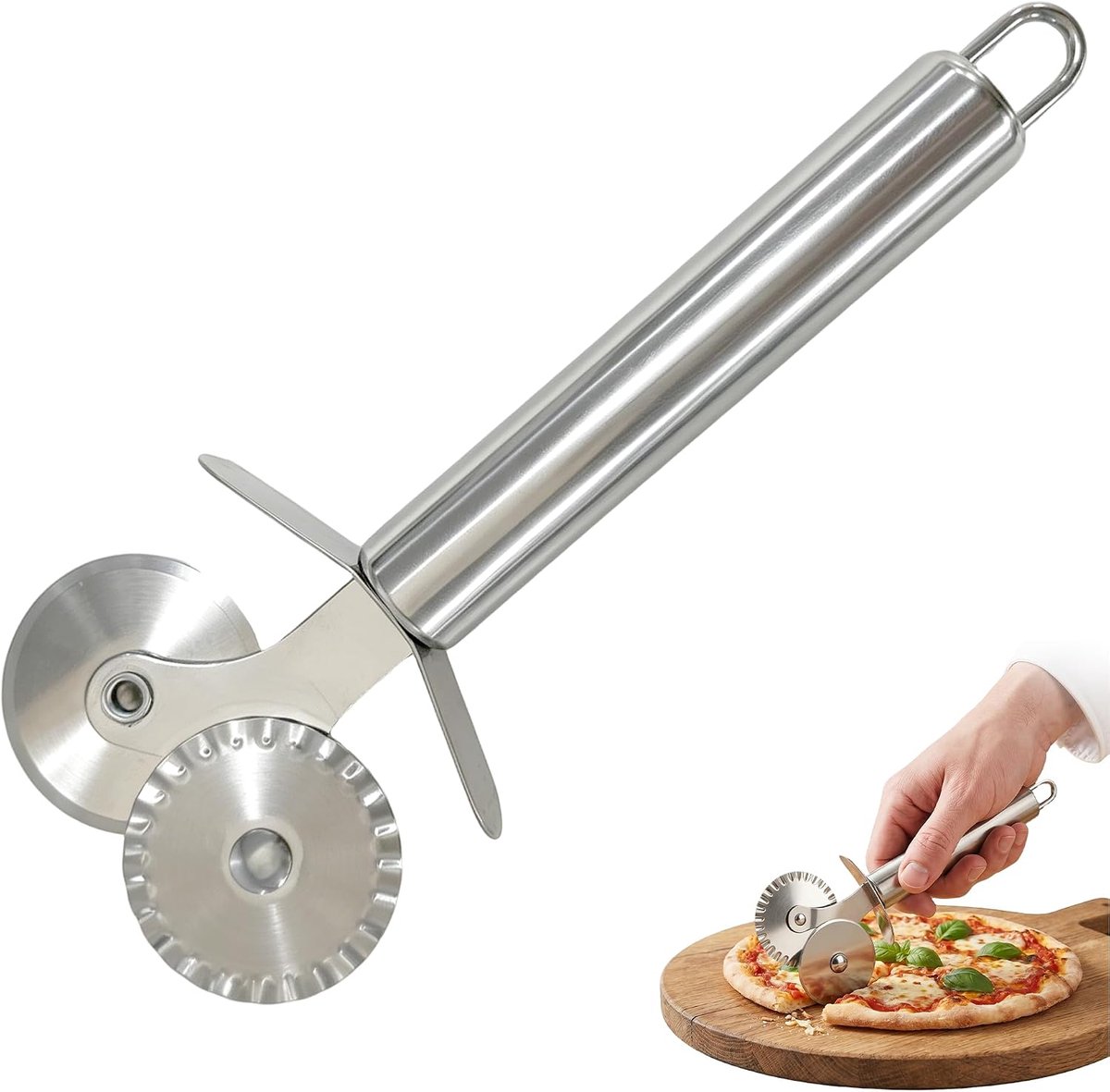 Pizzasnijder met dubbele kop, pizzasnijder wheel, pastasnijder van roestvrij staal met comfortabele handgreep, 360° rolsnijder voor deeg, gebak, pasta, ravioli, ravioli cutters keukengereedschap