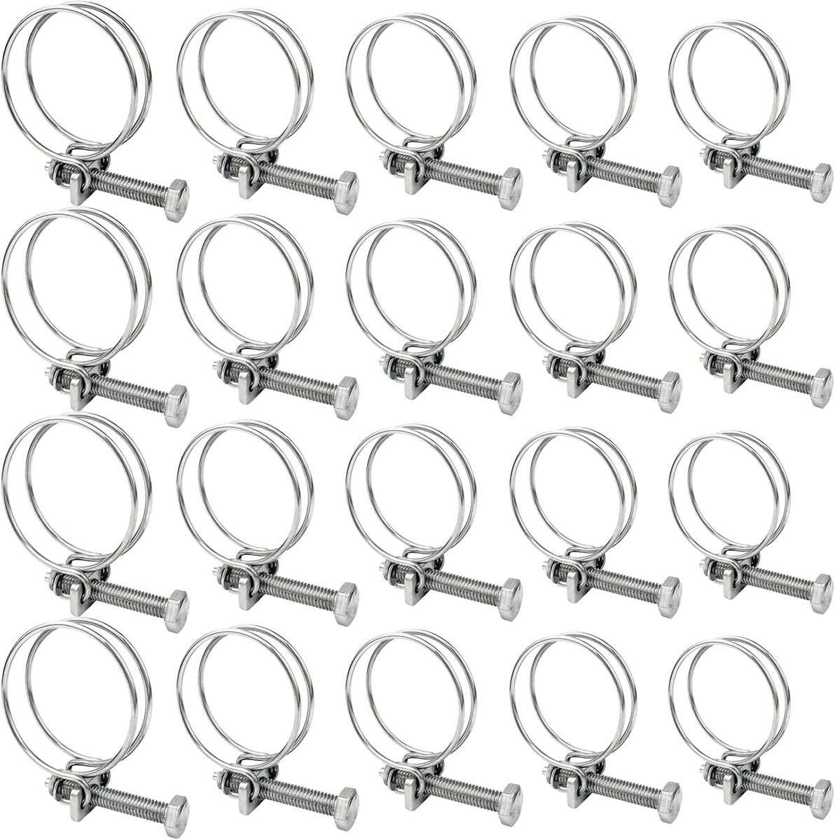 Set van 20 Sterke Dubbele Draad Slangklemmen, Verstelbare 16-40mm RVS Slangklemmen voor Thuis en Industrie
