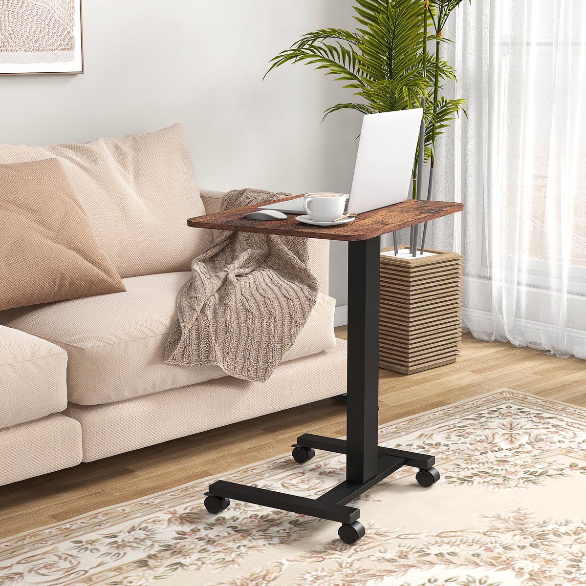 MEUNIQ Hoogteverstelbare laptoptabel 65 x 48 cm, 68-108 cm hoog, met 4 wielen, 2 remmen en handmatige bediening voor zit- en staand werken, bruin