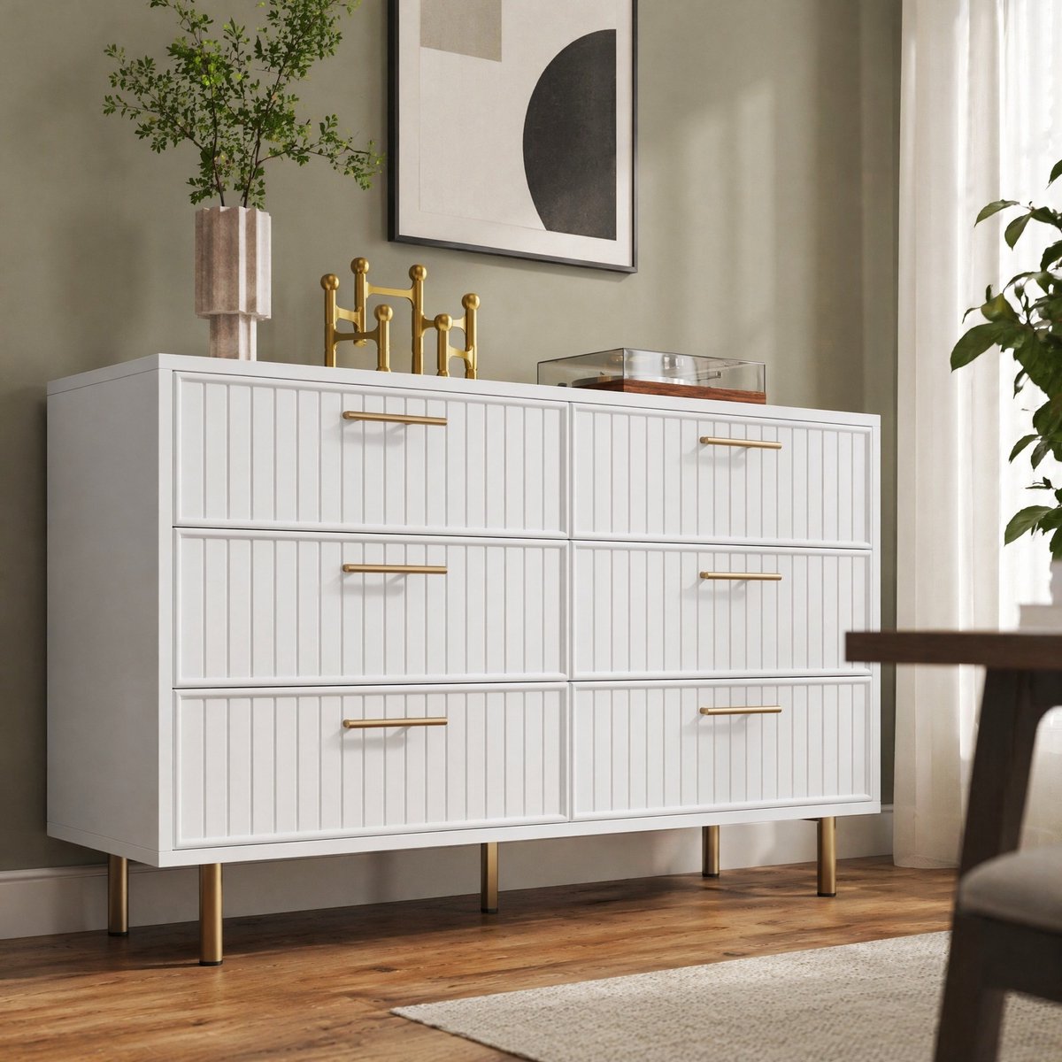MEUNIQ Ladekast met 6 lades, 120 x 40 x 75 cm, wit dressoir met geribbelde fronten, metalen poten en gouden grepen voor slaapkamer