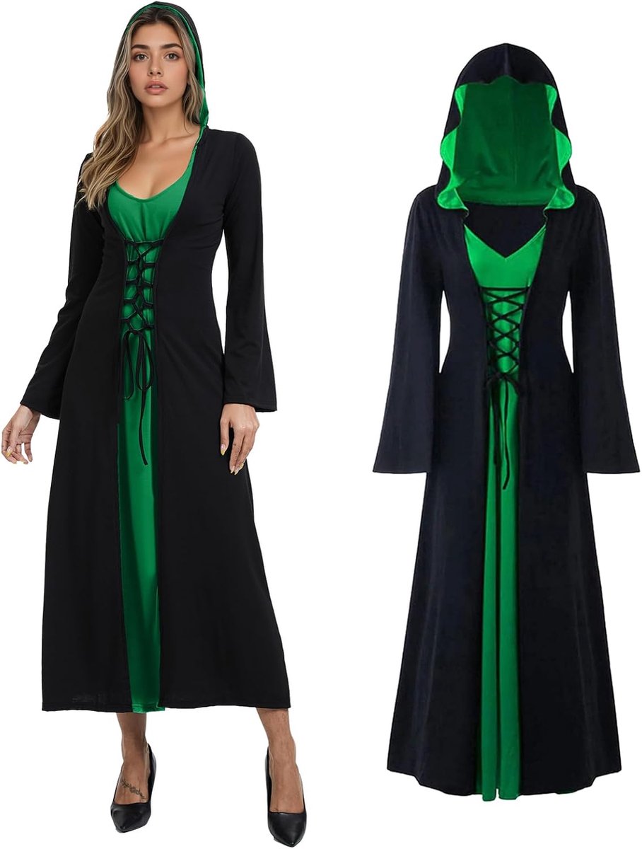 Gothic capuchon, Halloween retro jurk, dames vampier heks Halloween carnaval retro lange mouwen jurk