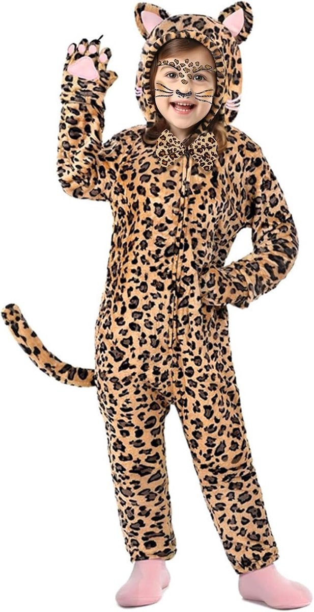 Kattenonesie kattenkostuum voor kinderen, uniseks, met vlinderstickers, pluizige flanel, dieren, romper, pyjama's, Halloween, kat, cosplay, voor carnaval